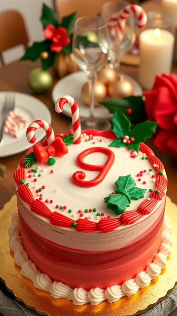 A festive number 9 cake decorated with red and green frosting, candy canes, and sprinkles for Christmas.